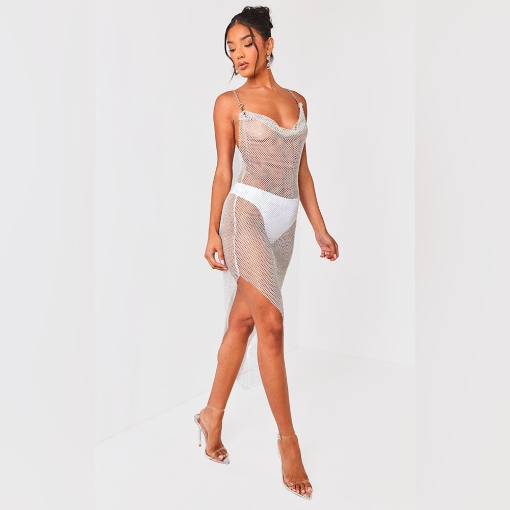 WHITE DIAMANTE COWL NECK DRESS Asymmetrical Dress